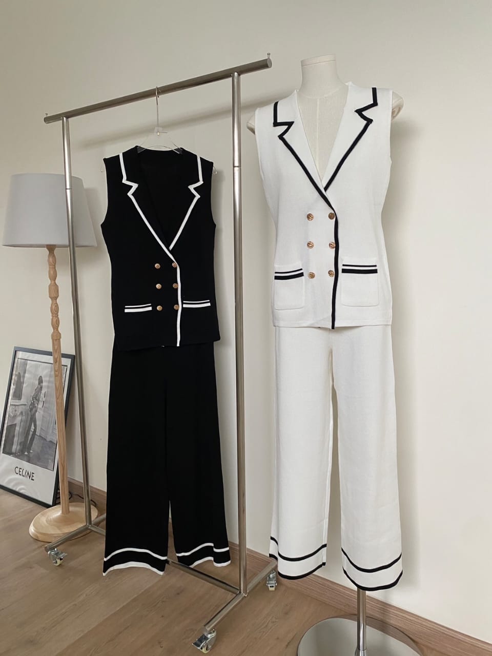 Chic Contrast Trim Sleeveless Blazer Set